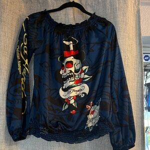 Ed Hardy Women's Navy Skull Graphic Long Sleeve